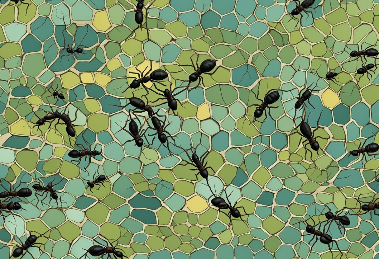 A bustling colony of ants marches in unison, carrying food and tending to their young in a backyard ant farm. The intricate network of tunnels and chambers showcases their collective behavior and swarm intelligence