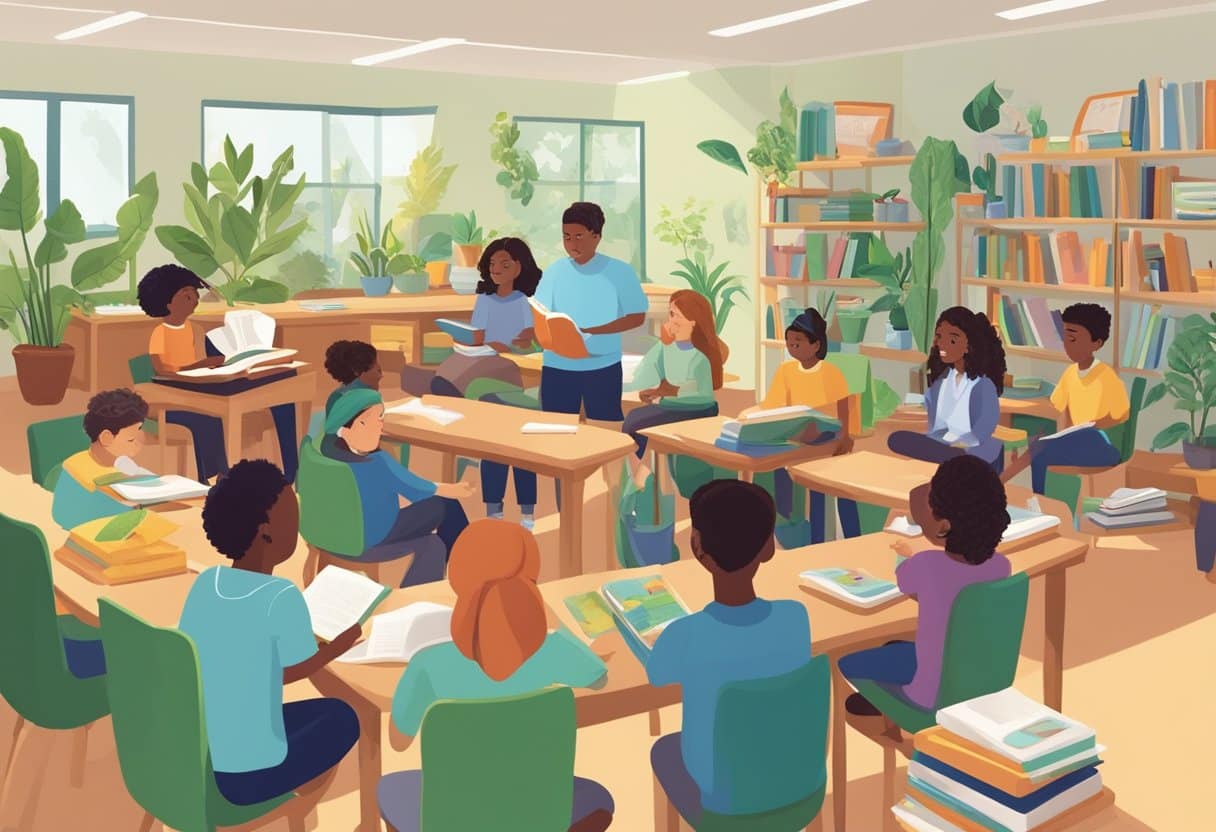 A classroom filled with diverse books, plants, and renewable energy models. A group of students engrossed in storytelling and literature about sustainability