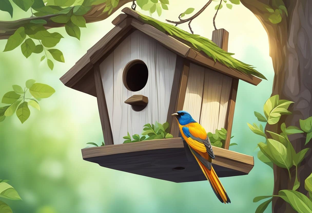 Birdhouse hangs from a sturdy tree branch. Colorful birds perch and fly around, exploring and nesting. Lush greenery and a small water source complete the natural habitat