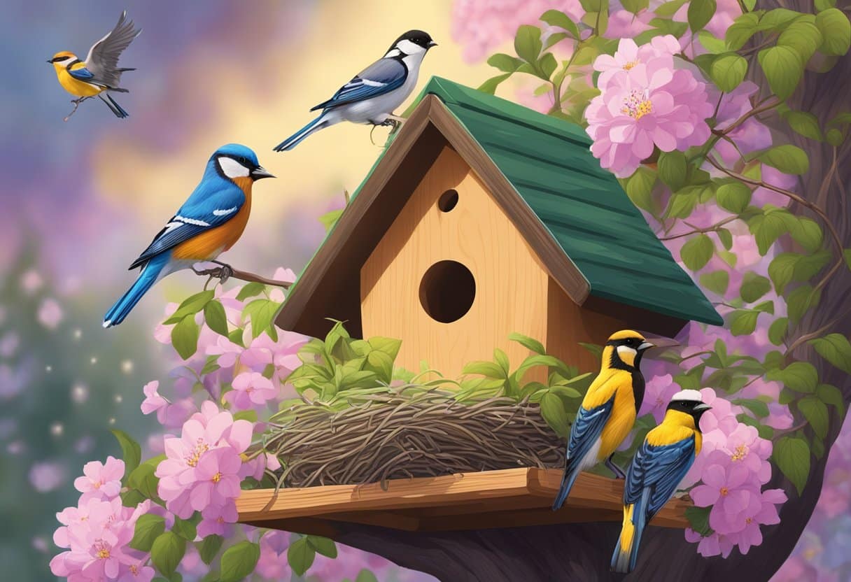 Birds building nests, feeding young, and interacting in backyard birdhouse. Trees and flowers in full bloom, with changing weather patterns