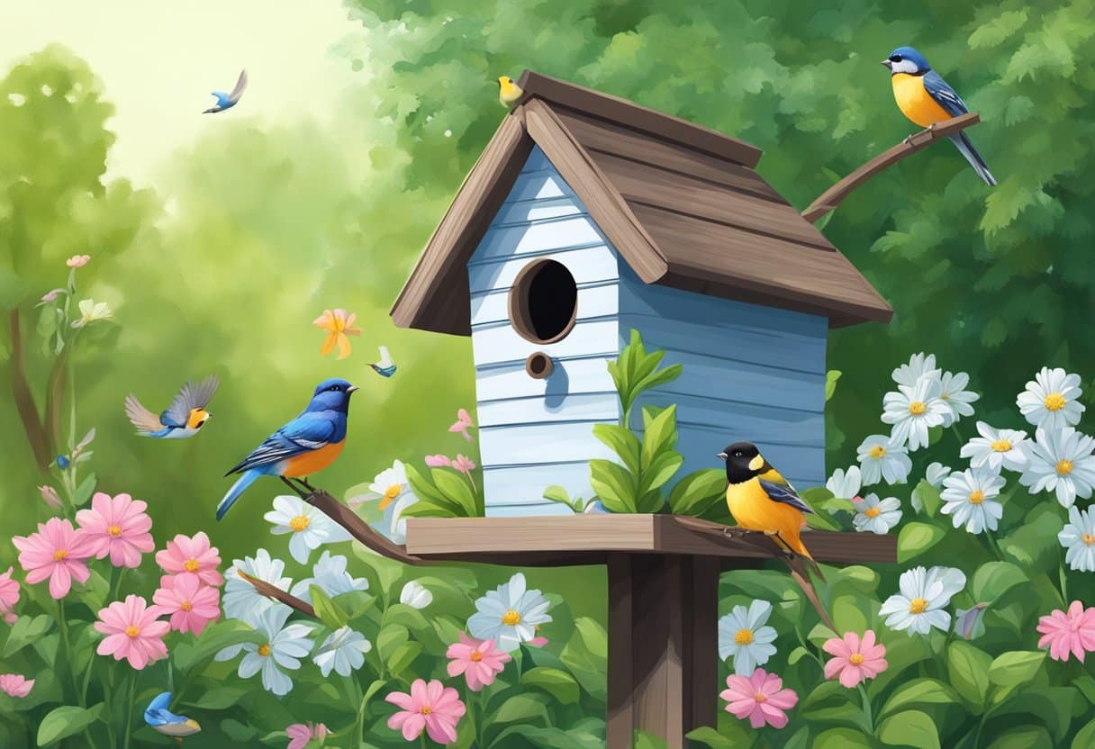 Birdhouse placed in a lush backyard, surrounded by trees and flowers. Birds flying in and out, building nests and feeding their young