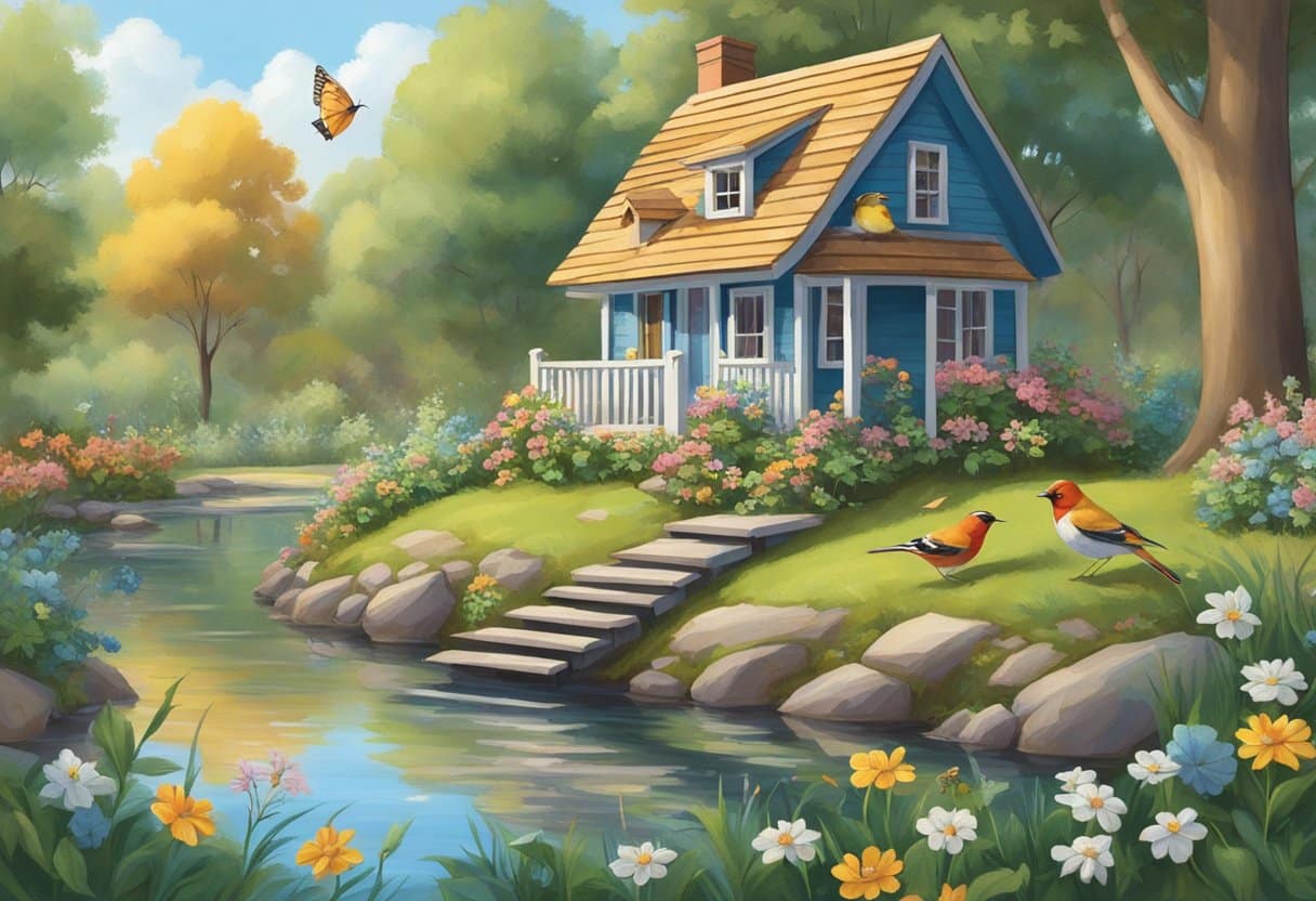 Birds flutter around a cozy backyard birdhouse, gathering twigs and nesting materials. A small pond nearby attracts colorful butterflies and bees. Tall trees provide shade and shelter for the birds