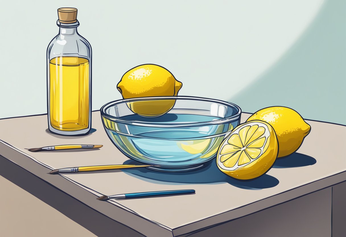 DIY Invisible Ink: Unveiling the Secrets of Chemical Reactions and pH Balance Invisible Ink LearningMole A clear glass bowl sits on a table, filled with a mysterious liquid. Beside it, a small bottle of lemon juice and a paintbrush, ready for use