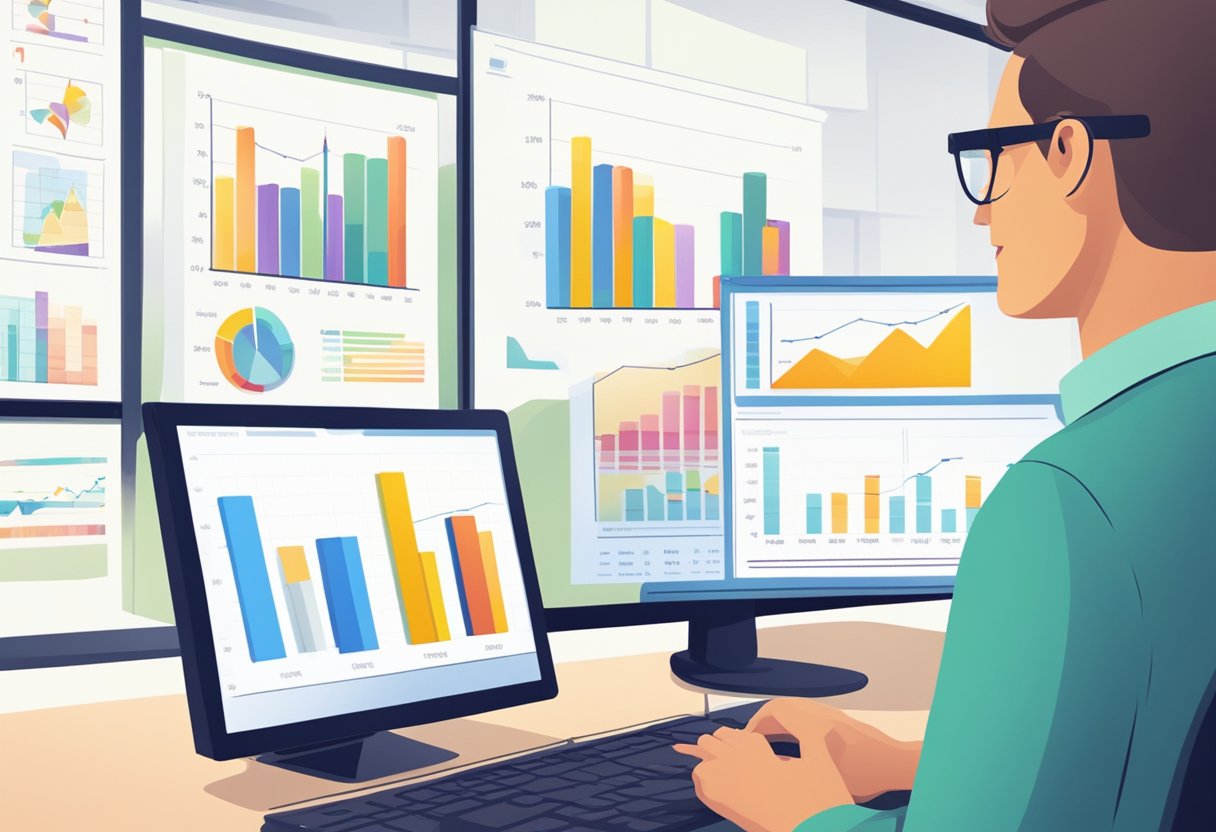 Using Data Analytics to Enhance Teaching Techniques and Boost Student Achievement data analytics LearningMole A computer screen displaying graphs and charts, with a teacher analyzing data and adjusting lesson plans