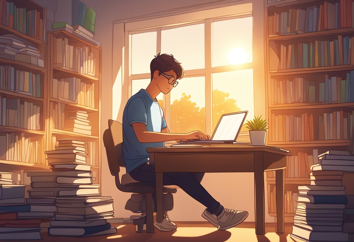 Setting Realistic Goals for Online Education: A Parent's Quick Start Guide online education, online LearningMole A student sits at a desk, surrounded by books and a laptop. The sun streams in through a window, casting a warm glow on the scene