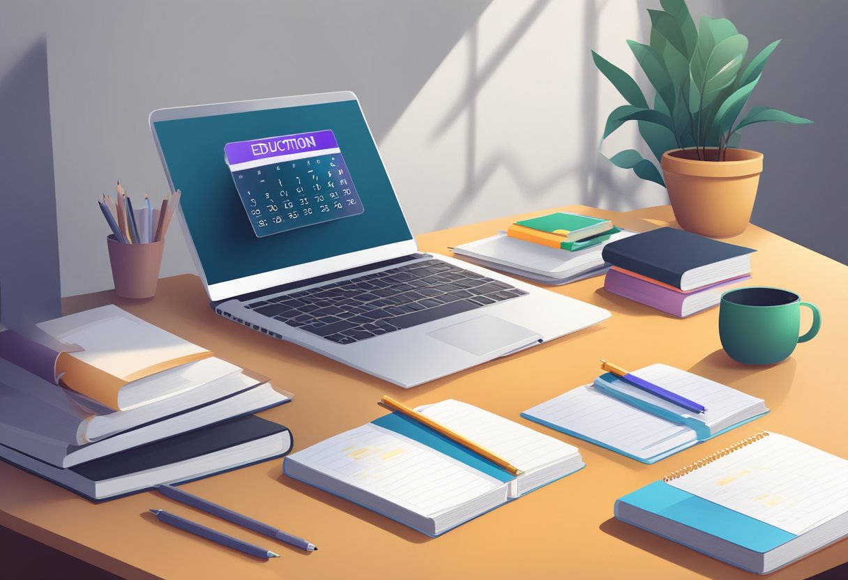 Setting Realistic Goals for Online Education: A Parent's Quick Start Guide online education, online LearningMole A student's desk with a laptop open to an online education guide. A calendar with goals written on it. Books and notebooks scattered around