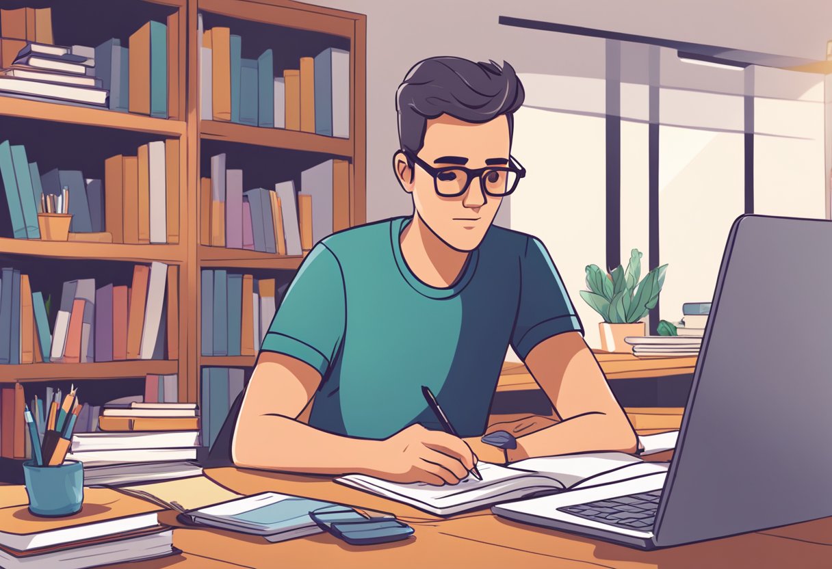 Setting Realistic Goals for Online Education: A Parent's Quick Start Guide online education, online LearningMole A parent sits at a desk, laptop open, surrounded by books and papers. They are focused and determined, typing and making notes as they plan and set goals for their child's online education