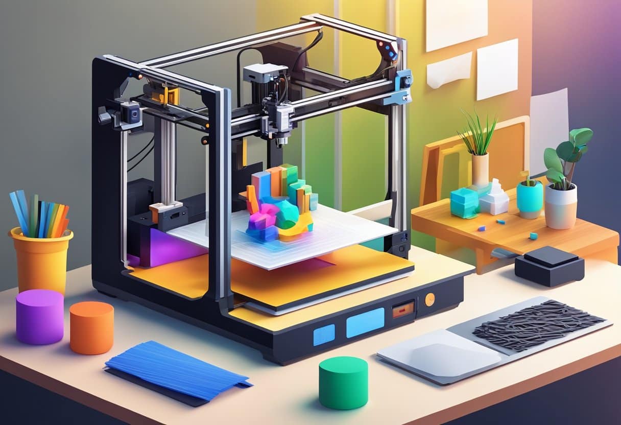 A 3D printer sits on a desk, surrounded by various colorful filaments and finished printed objects. The printer is in the process of creating a detailed model, with the extruder moving back and forth as it builds up the layers of the design