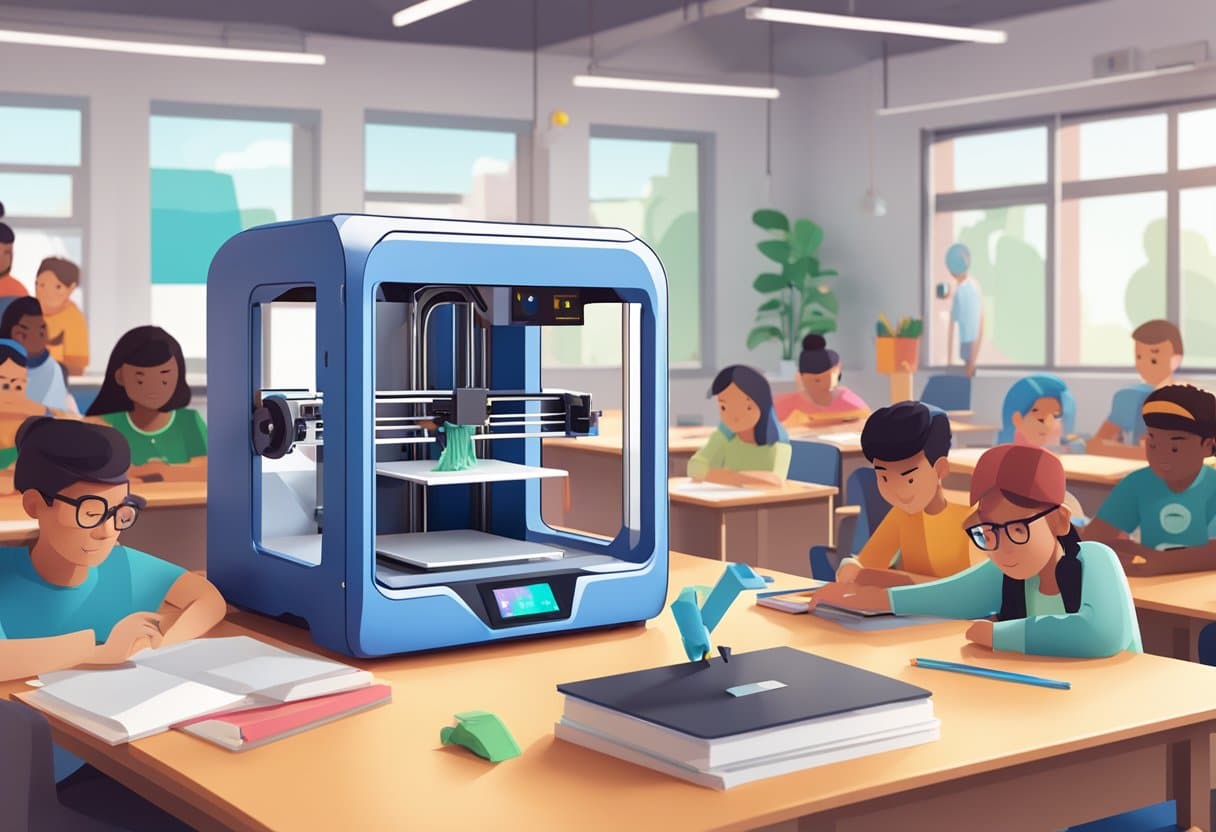 A 3D printer sits on a desk in a classroom, surrounded by diverse students. The printer is creating a colorful, intricate object, symbolizing the future of inclusive and accessible education