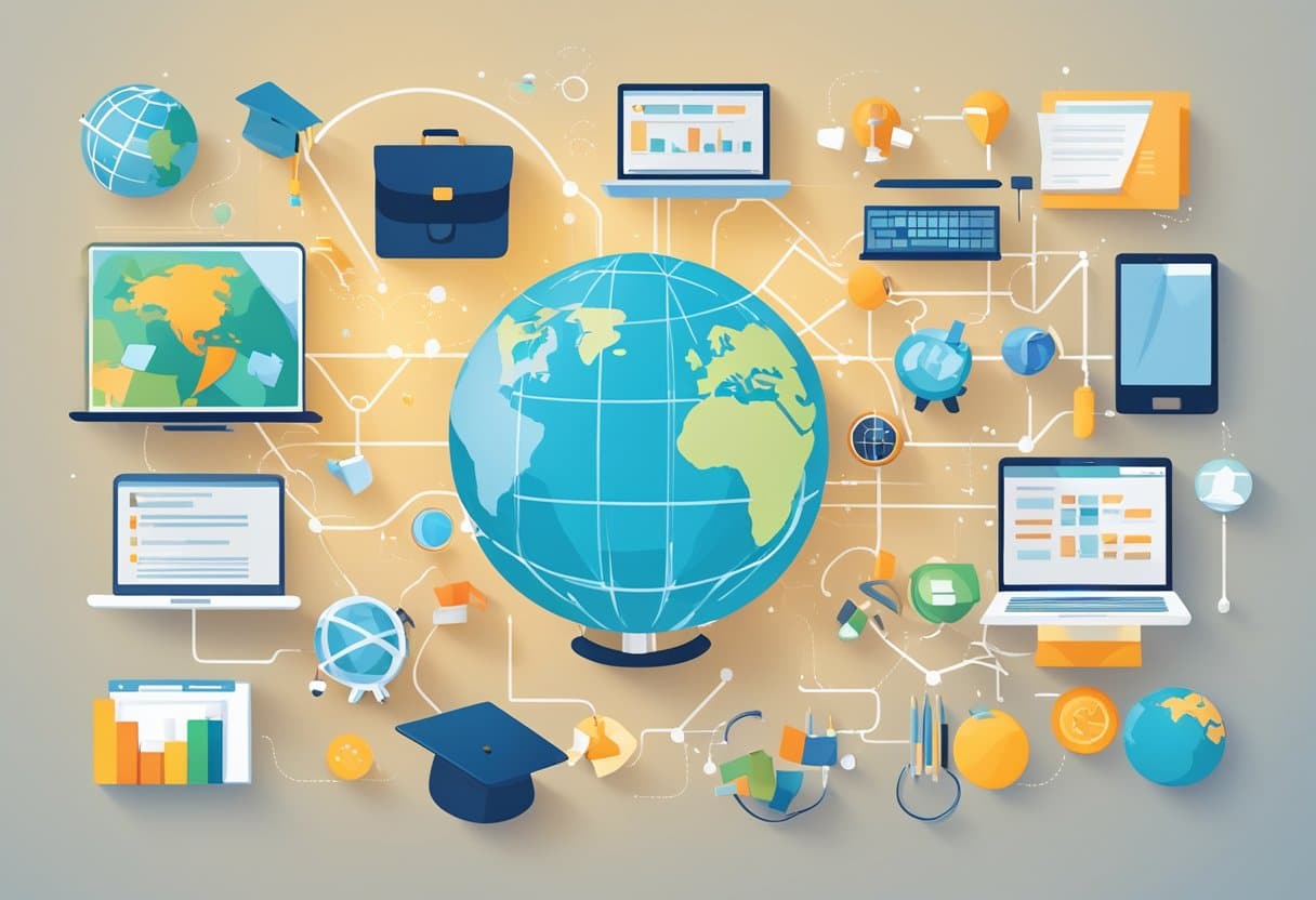 Digital Tools for Collaborative Projects: How to Link Global Classrooms Effectively Digital Tools, classroom LearningMole A diverse array of digital tools surrounds a globe, symbolizing global education connections. Virtual classrooms and collaborative projects are depicted through icons and symbols