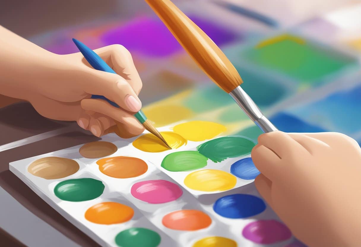 A child's hand holding a paintbrush, carefully filling in a numbered section of a canvas. Bright colors and a finished painting in the background