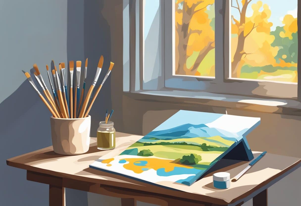 A table with a paint by numbers kit, paintbrush, and palette. A completed painting hangs on the wall. Bright light illuminates the scene
