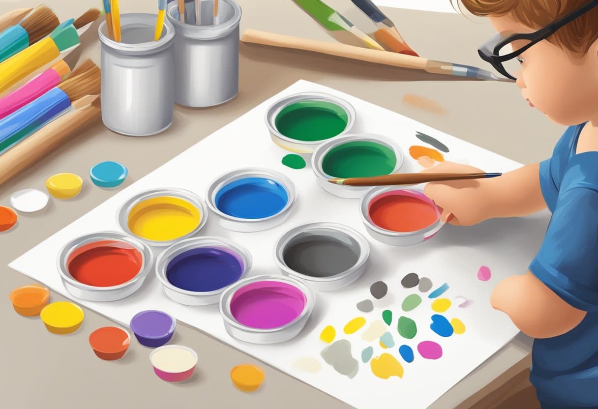 A table with a blank canvas, paintbrushes, and a set of numbered paint pots. A child's hand reaches for a color while following a guide