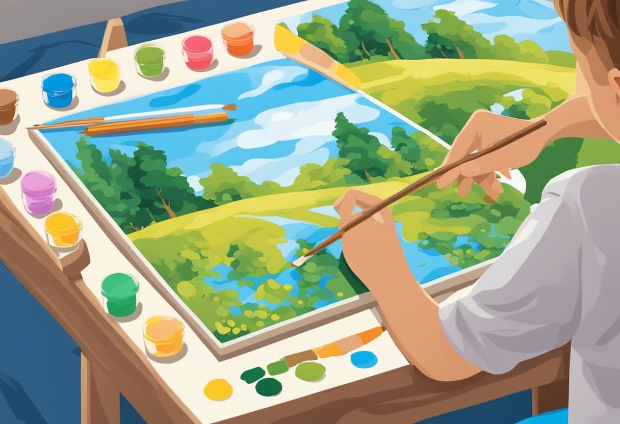 A table with a paint by numbers kit, paintbrushes, and a completed painting. A child's hand reaches for the kit