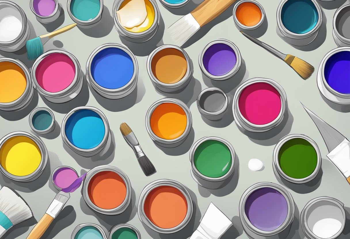 A colorful array of numbered paint pots, a blank canvas, and a set of paintbrushes laid out on a table