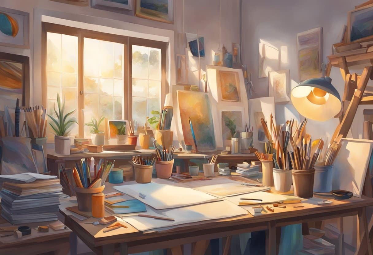 A cluttered art studio with various art supplies and canvases, showcasing different art styles and techniques. Light filters in through the window, casting a warm glow on the creative chaos