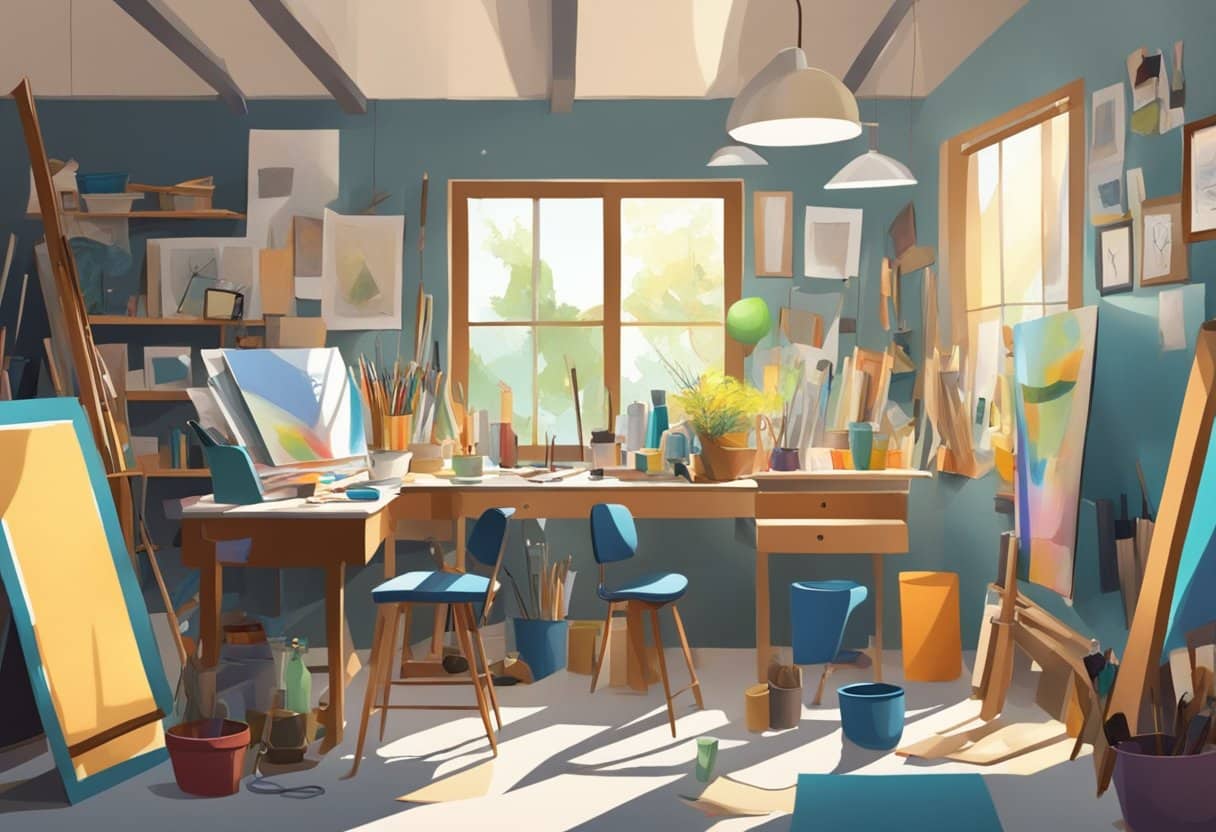 A cluttered art studio with various tools and materials scattered about. A wall adorned with different art styles, from abstract to realism. Light streams in from a large window, casting shadows on the floor