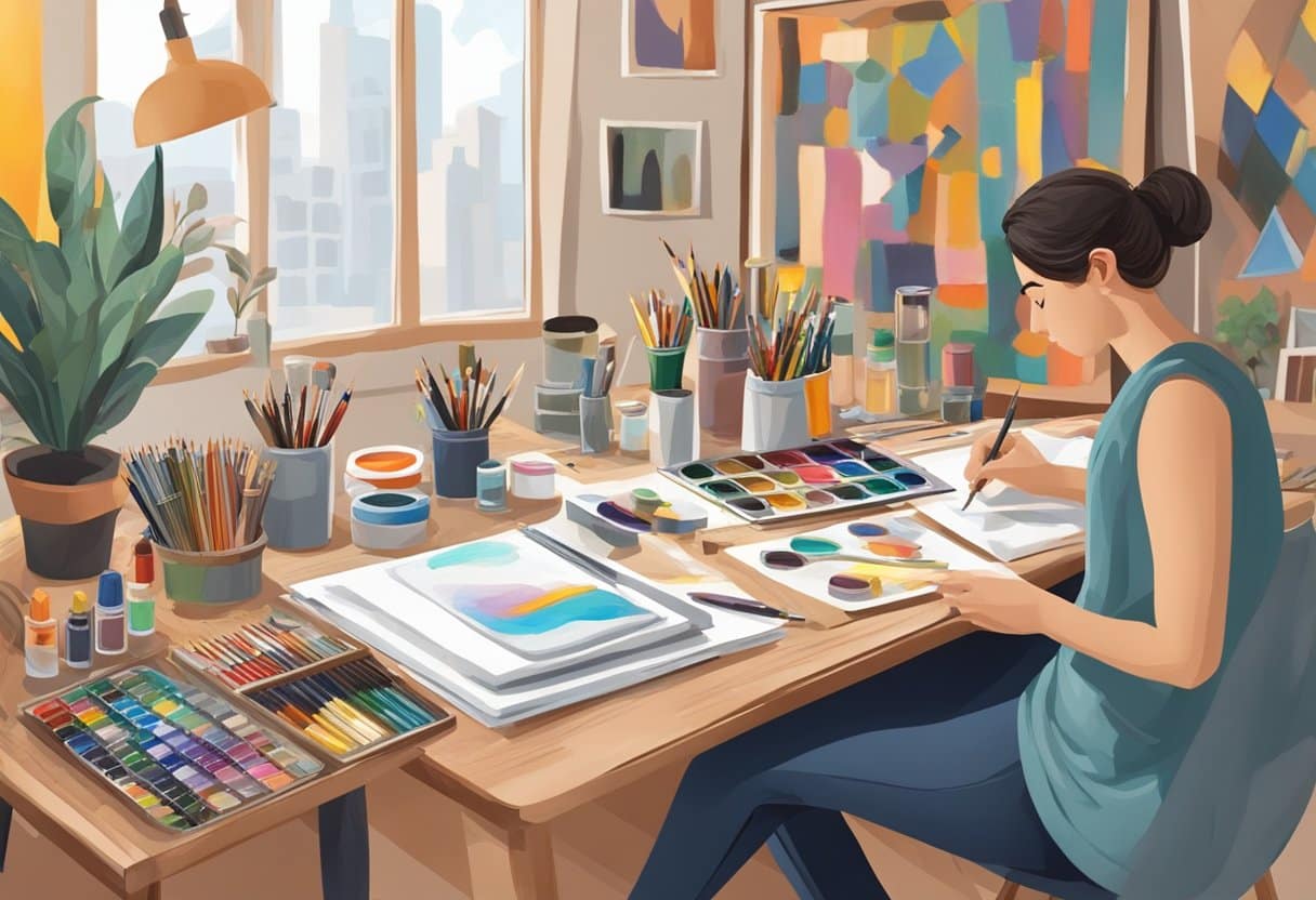 A table covered in art supplies, with various art styles displayed on a wall. A person experimenting with different mediums and techniques
