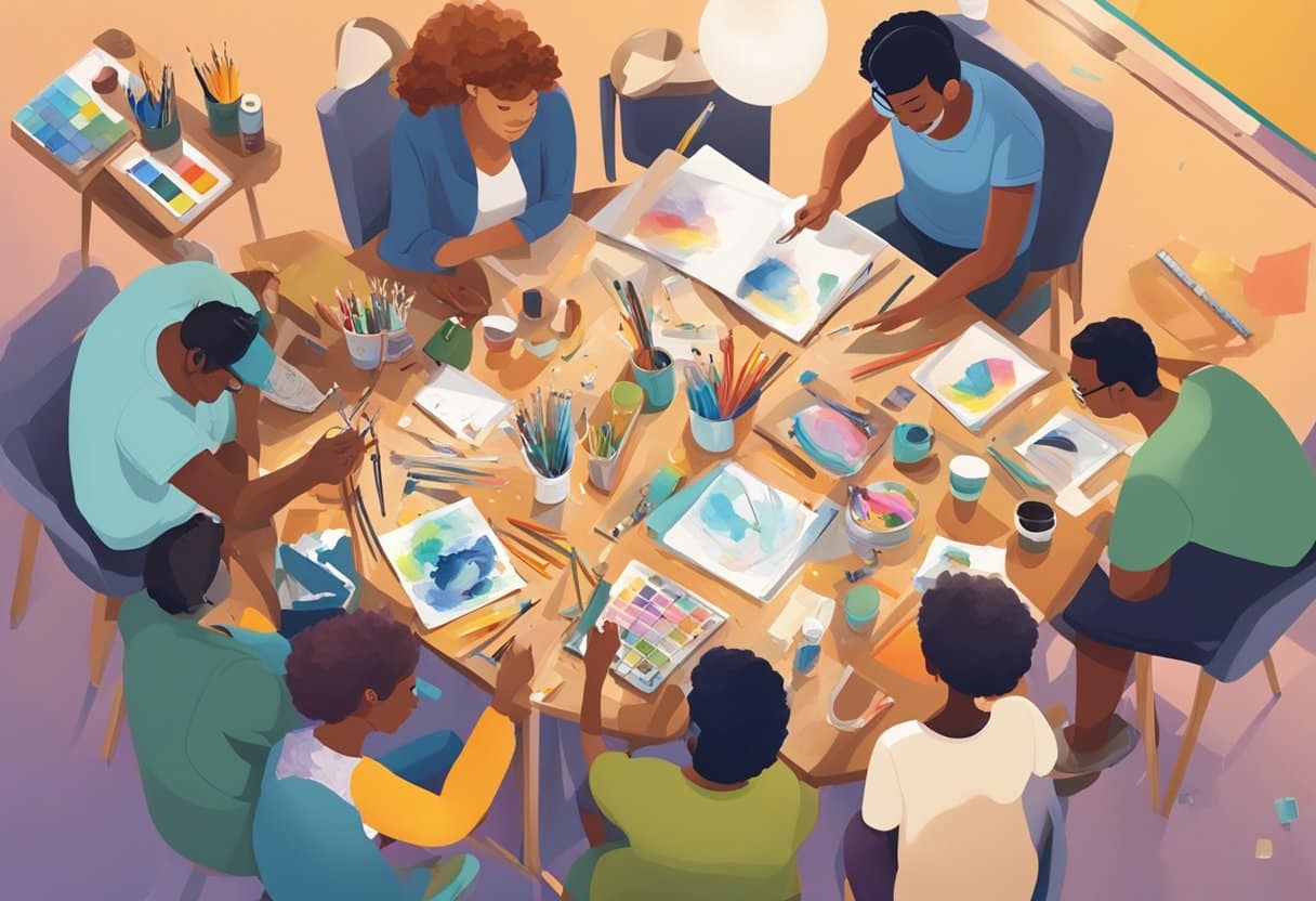 A group of diverse individuals gather around a table, each experimenting with different art styles. Paintbrushes, pencils, and various art supplies are scattered across the table as they share their creations and discuss their personal preferences