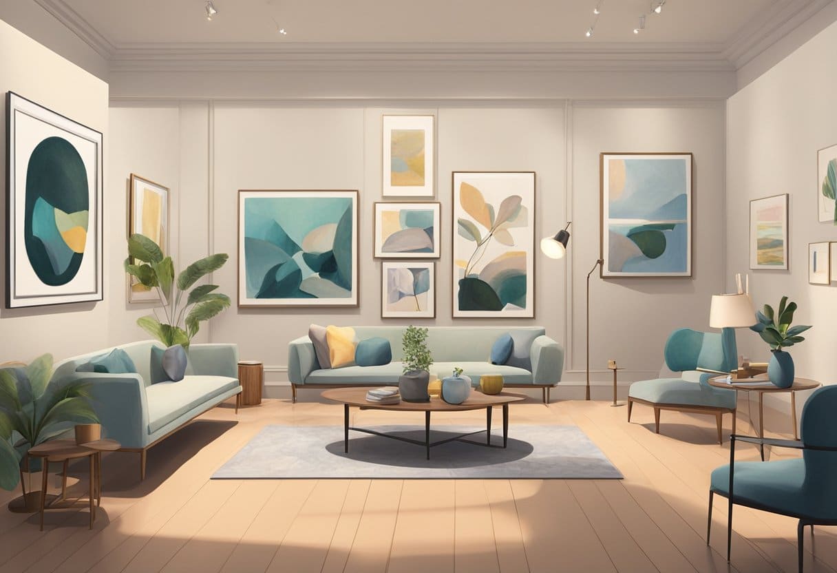 A room with various artworks on display, including paintings, sculptures, and framed pieces. Soft lighting highlights each piece, creating a welcoming and aesthetically pleasing environment