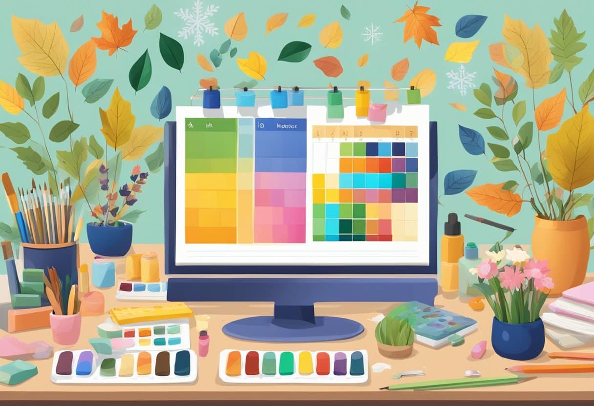 Seasonal Art Activities: Year-Round Inspiration for Creative Projects Seasonal Art Activities,season LearningMole A colorful palette of art supplies scattered on a table, surrounded by seasonal elements like leaves, flowers, and snowflakes. A calendar with different months and seasonal activities hangs on the wall