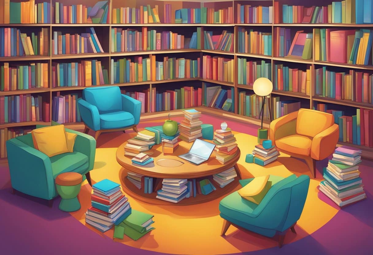 A circle, square, and triangle gather in a vibrant library, each with unique facial expressions and accessories, surrounded by books of various sizes and colors