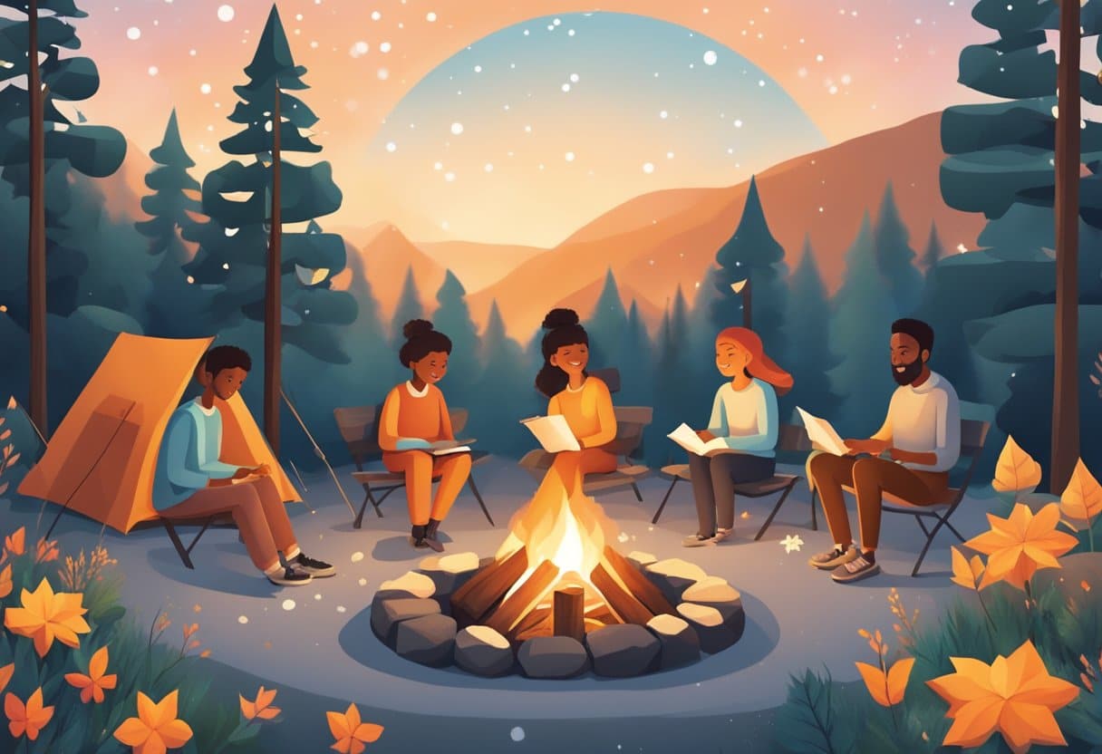A circle, triangle, and square sit around a campfire, each representing a different season. They are surrounded by trees, flowers, and snowflakes, symbolizing the changing seasons