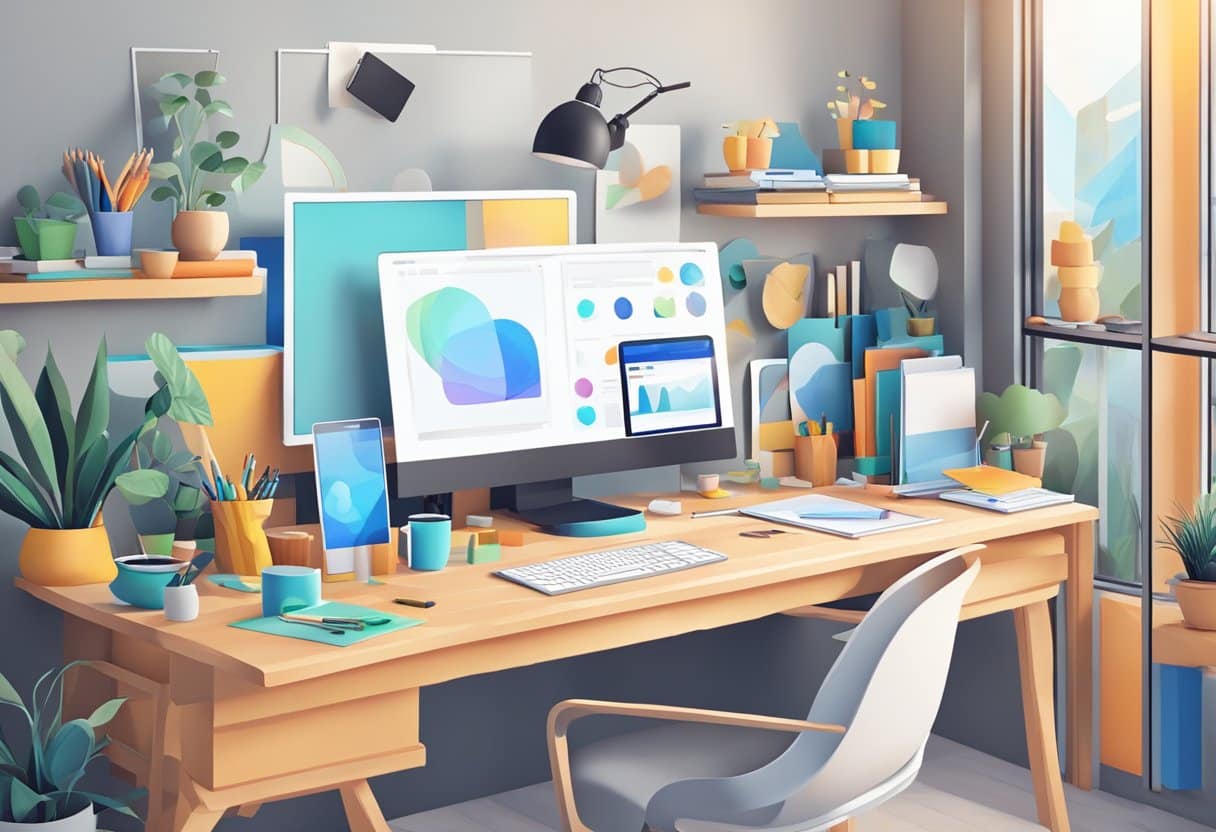 A digital workspace with various shapes and tools arranged for art creation. Workflow enhancement tools visible