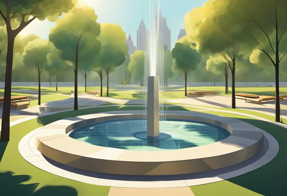 A park with various geometric shapes: a circular fountain, triangular trees, and rectangular benches. The sun casts shadows, creating more shapes to find