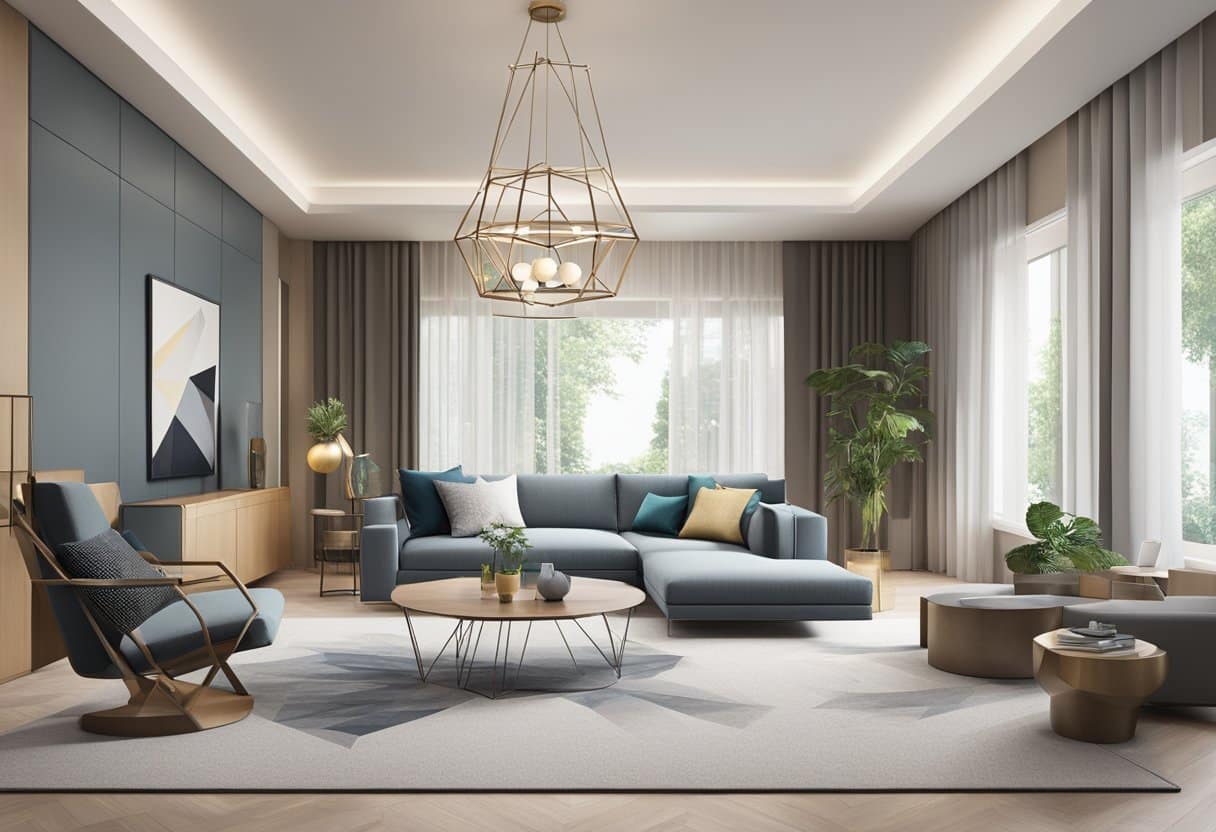 A modern living room with angular furniture, a hexagonal rug, and a circular chandelier. Clean lines and geometric shapes create a sense of balance and symmetry in the space