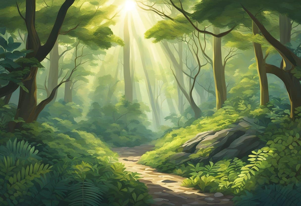 A forest clearing with sunlight filtering through the canopy, illuminating the intricate patterns of leaves, branches, and the natural geometry of the surrounding plants and rocks
