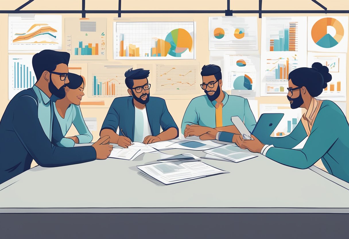 A diverse group of people gather around a table, brainstorming ideas and exchanging thoughts. Charts and graphs adorn the walls, showcasing data and trends. The atmosphere is buzzing with energy and excitement