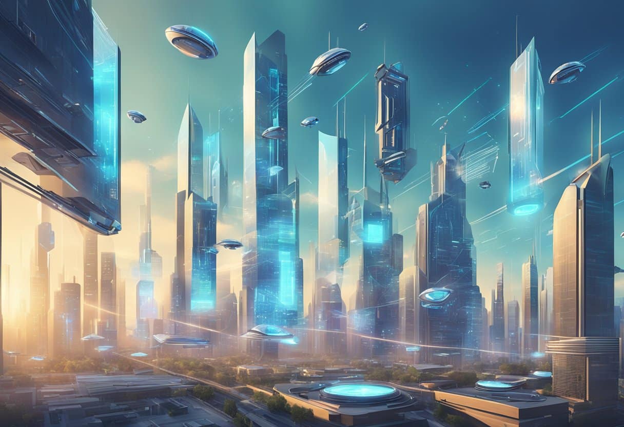 A futuristic cityscape with holographic screens and communication devices floating in the air, showcasing the impact of digital media on communication