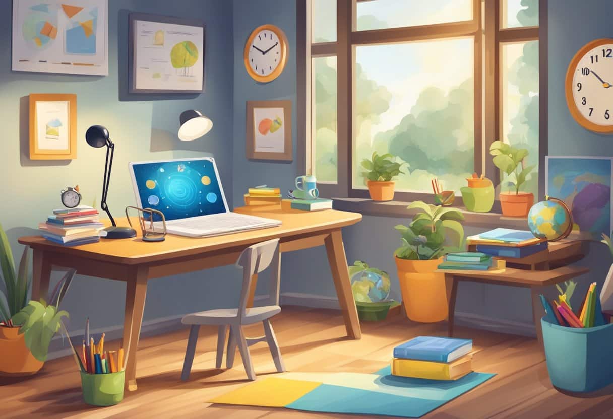 Managing Screen Time: Tips for a Healthy Balance Between Online and Offline Learning Managing Screen Time, Online, Learning LearningMole A child's desk with a tablet and books, surrounded by outdoor and indoor activities. A clock shows a balanced schedule