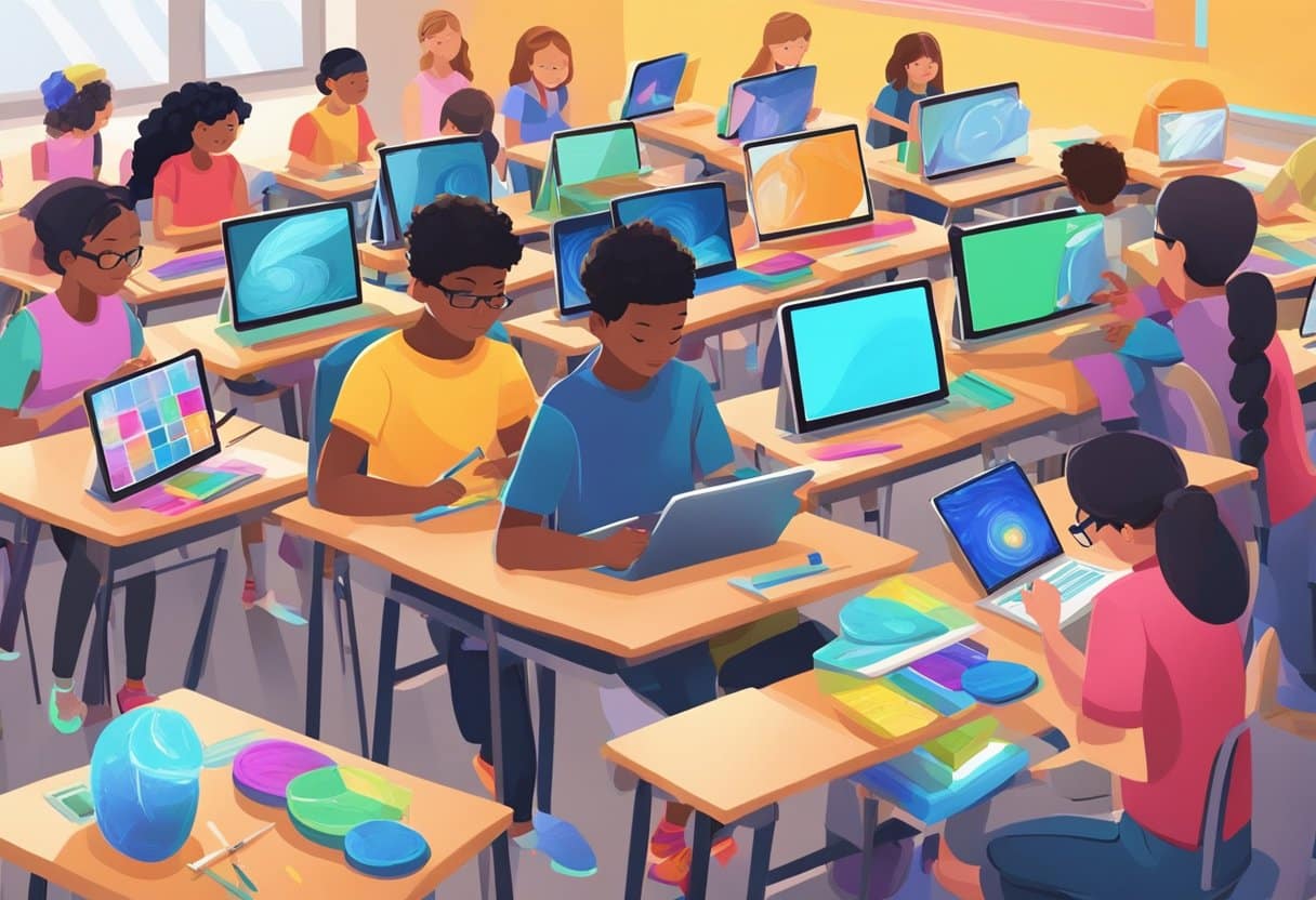 The Benefits of Digital Art Classes in Schools: Enhancing Creativity and Tech Skills Digital Art Classes, K-12, education LearningMole A classroom filled with students using digital tablets and styluses to create colorful and intricate digital art pieces. The teacher guides them through various techniques and tools, fostering creativity and technical skills in the process