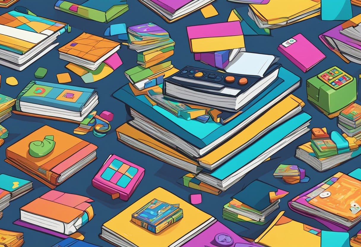 Exploring Video Game Genres: Your Guide to Discovering the Perfect Play Style Video Game,puzzle LearningMole A table covered in various puzzle and logic games, with a stack of video game genre books nearby. Bright colors and intriguing designs draw the eye
