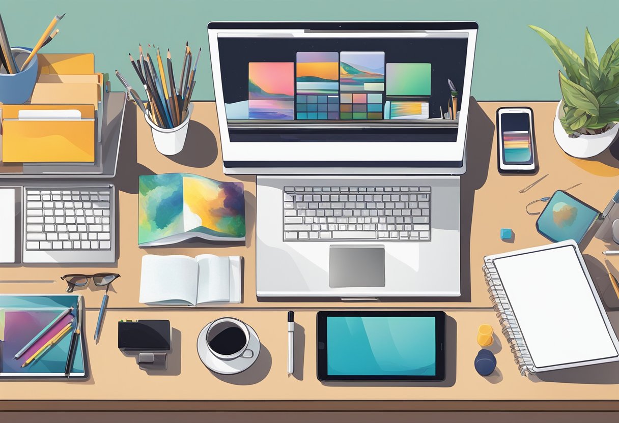 Creating Online Portfolios: Great Tips for Artists to Globalise Their Showcase Online Portfolio, Artist LearningMole An artist's digital devices and art supplies laid out on a clean, organized desk with a laptop open to an online portfolio showcasing their artwork to the world