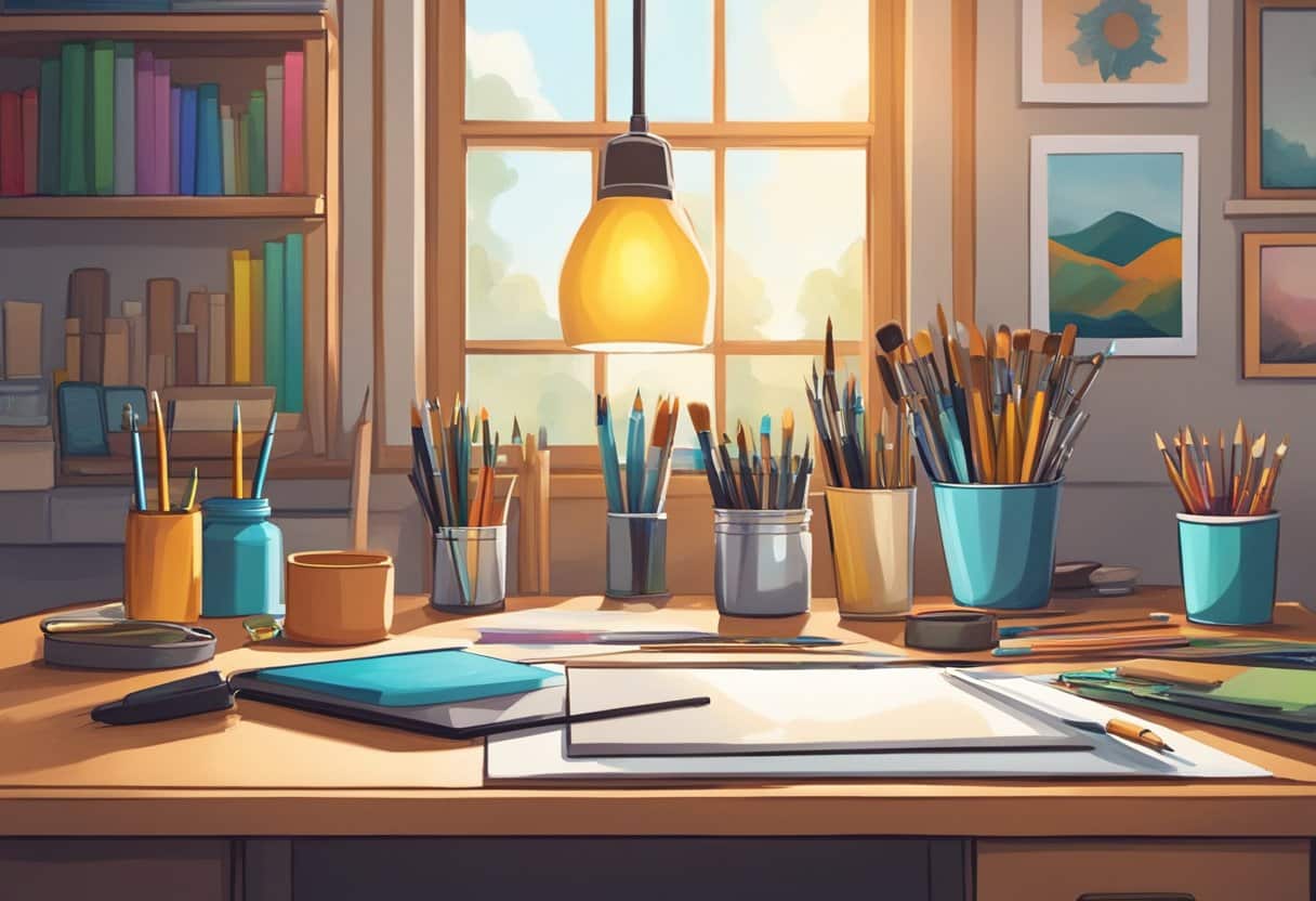 Blending Traditional and Digital Art Techniques: Your Ultimate Guide to Mixed Media Mastery Traditional and Digital Art, techniques LearningMole A paintbrush and a stylus sit side by side on a cluttered desk, surrounded by traditional art supplies and digital drawing tools. The room is filled with natural light, casting a warm glow on the creative workspace