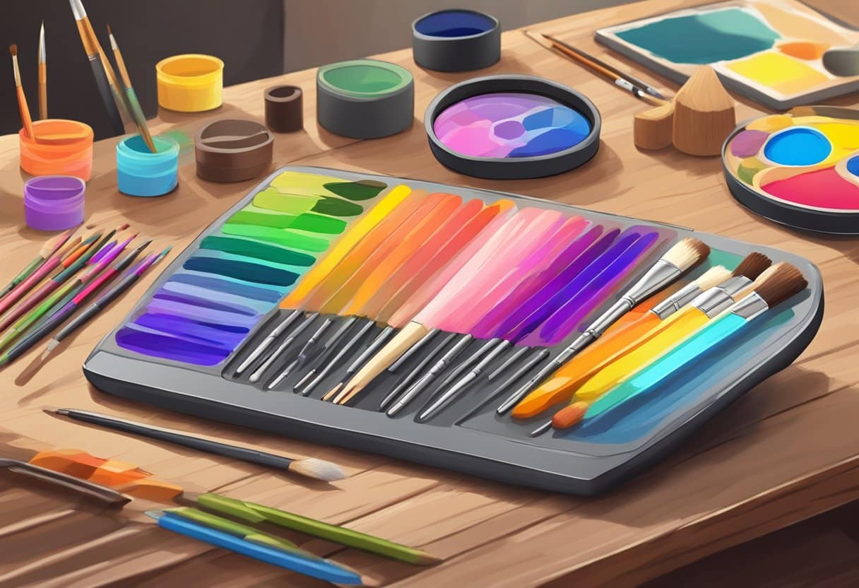 Blending Traditional and Digital Art Techniques: Your Ultimate Guide to Mixed Media Mastery Traditional and Digital Art, techniques LearningMole A palette of traditional paintbrushes and digital drawing tablets arranged on a wooden desk, surrounded by colorful sketches and digital art prints