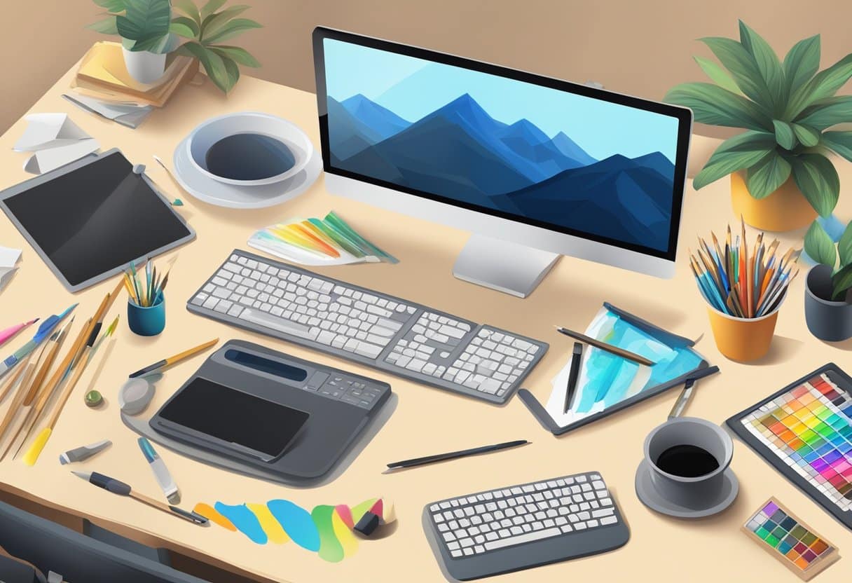 A cluttered desk with traditional art supplies and a digital drawing tablet. A mix of paintbrushes, pencils, and a computer with editing software