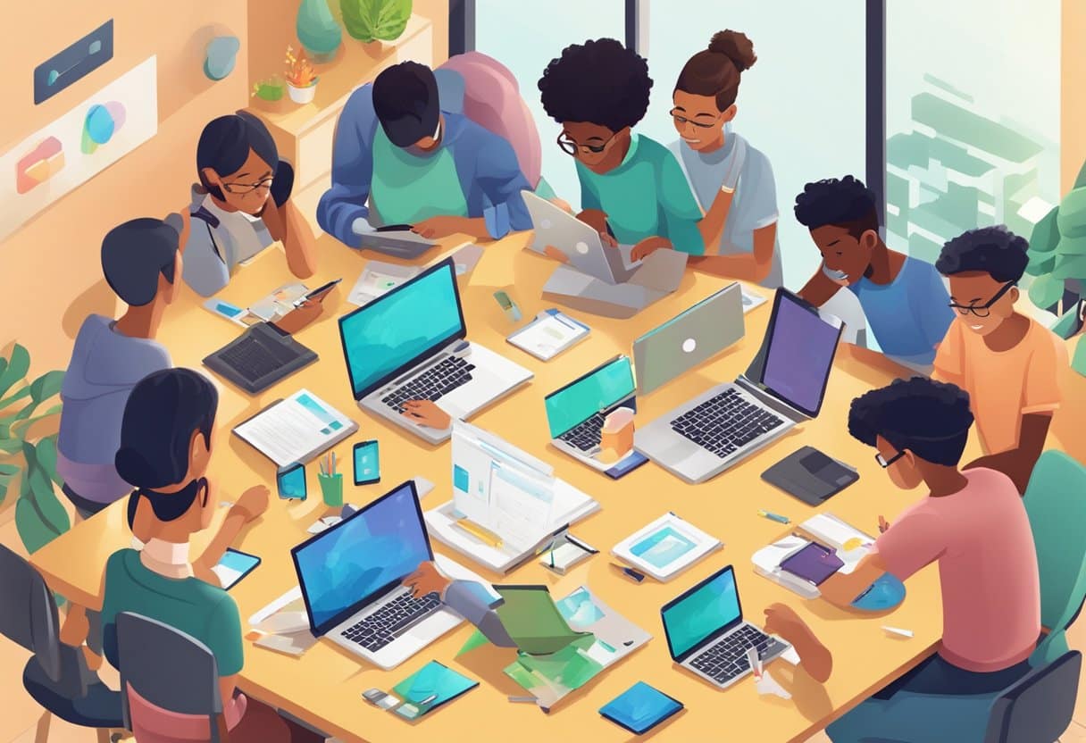 A group of kids and teens gather around a table, excitedly working on their laptops and tablets, as they learn how to design their own apps