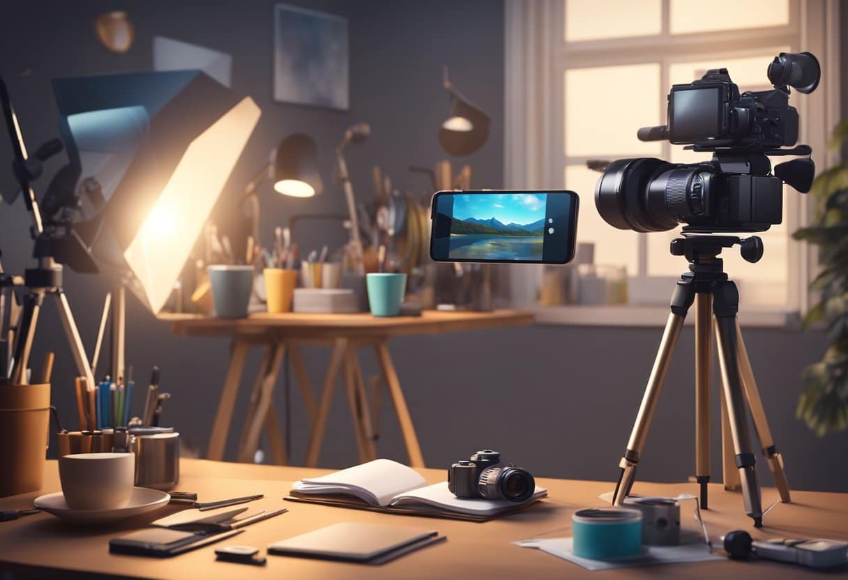 Mobile Filmmaking: Tips for Shooting High-Quality Videos with Your Smartphone Mobile Filmmaking, Videos LearningMole A smartphone placed on a tripod, surrounded by various filmmaking props and equipment. Soft lighting illuminates the scene, creating a professional and creative atmosphere