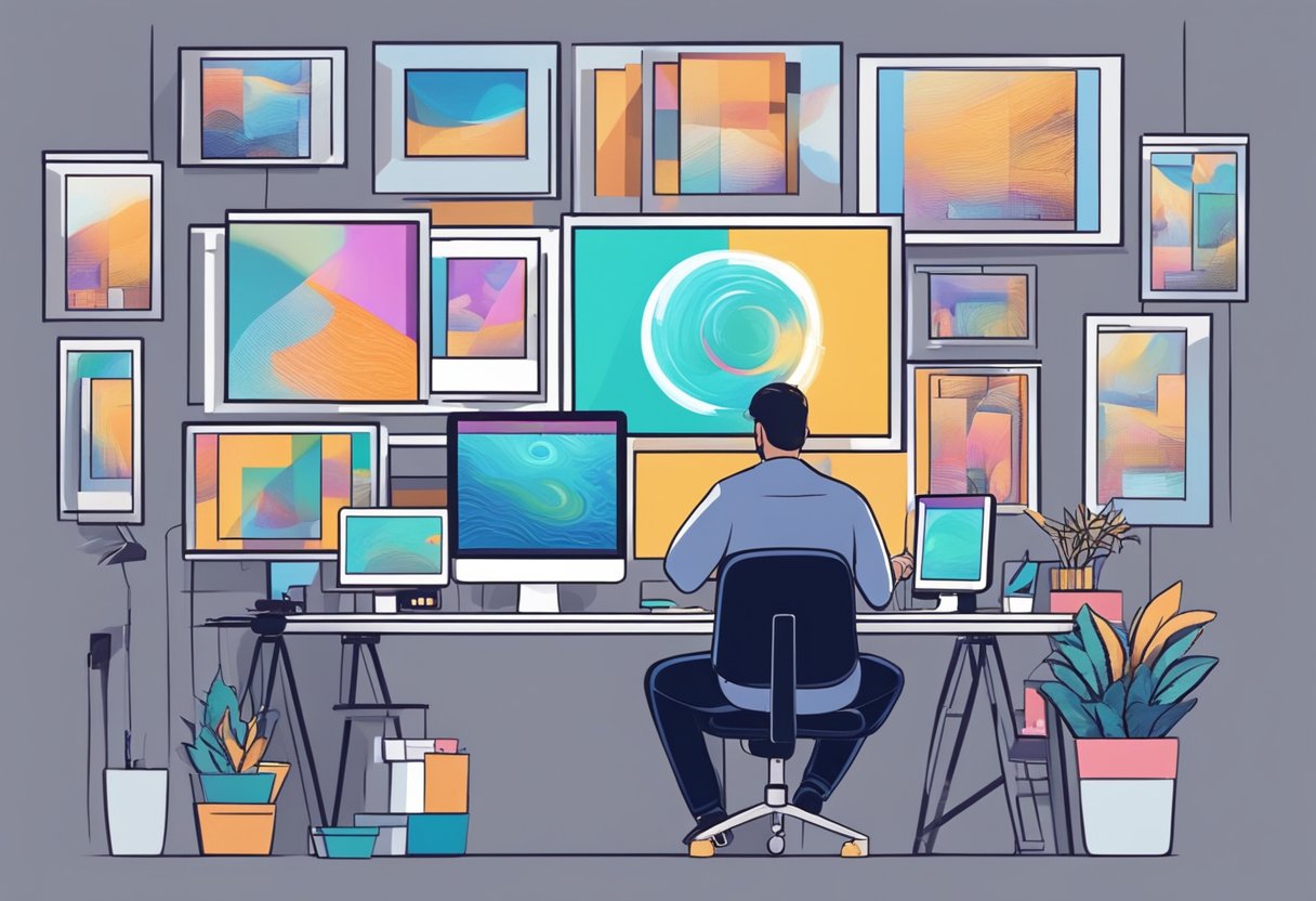 A digital artist creating an original piece while surrounded by screens displaying copied artwork
