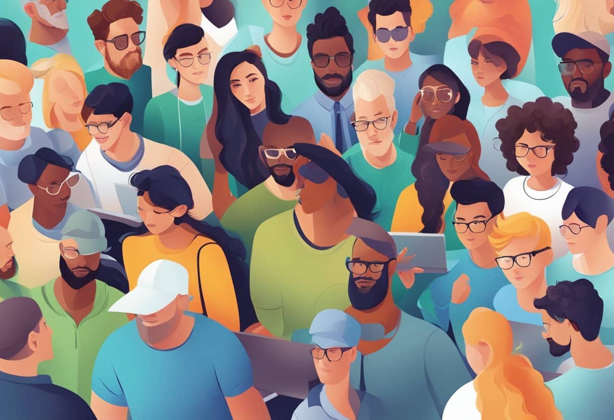 A diverse group of people collaboratively creating digital art, each contributing their unique perspectives and skills to produce original work