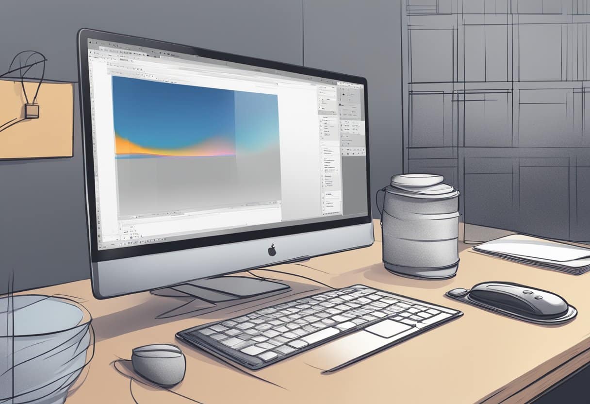 A computer screen with Photoshop open, showing basic tools like brush, eraser, and selection tools. Menu bar and layers panel visible