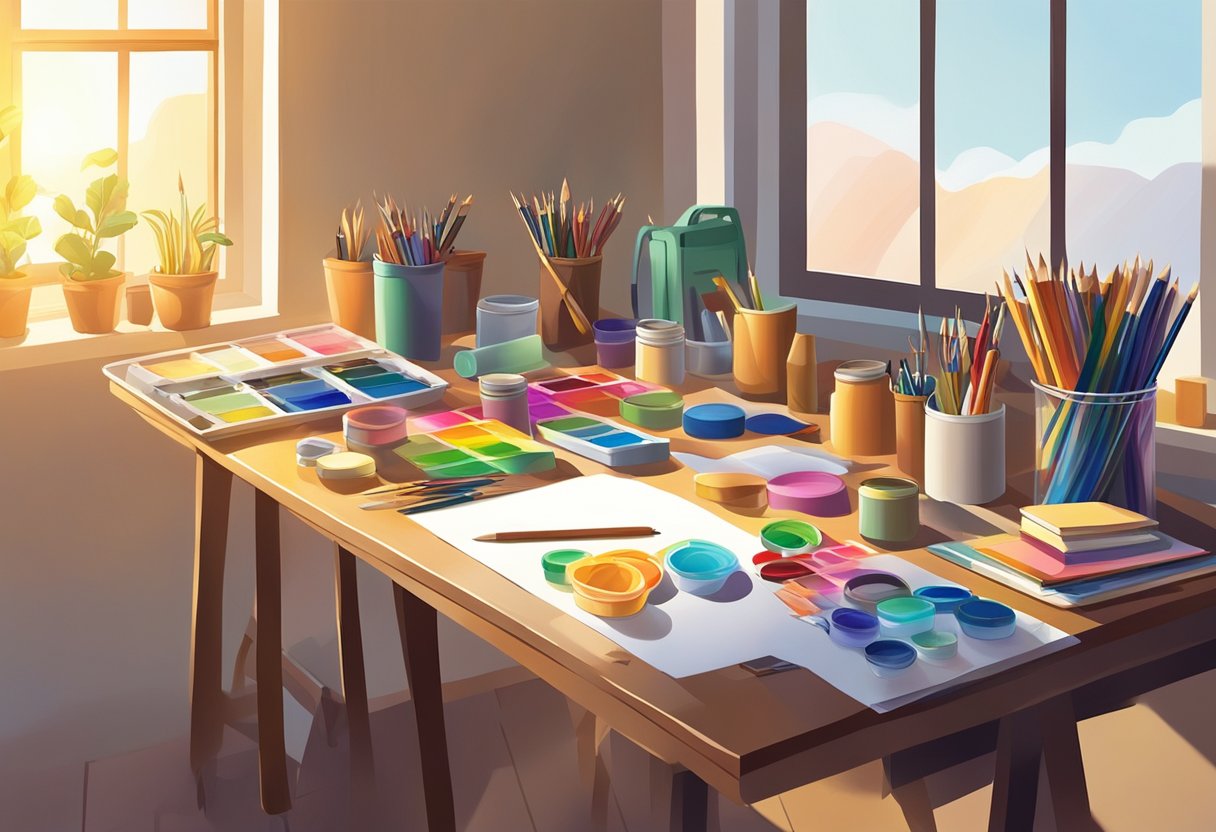 Guided Drawing Sessions: Enhance Your Art Skills Together Guided Drawing LearningMole A colorful array of art supplies scattered on a table, with a blank canvas ready to be filled. Sunlight streams in through a window, casting a warm glow on the workspace