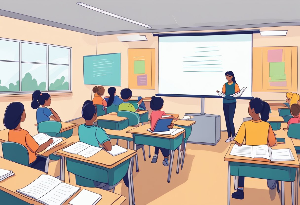 Creating Effective Essay Questions for Primary School Assessments: A Guide for Teachers essay question LearningMole A classroom with students writing essays, teacher guiding them, and a poster with guidelines for creating effective essay questions