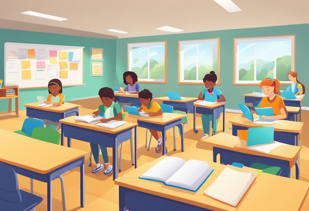 Creating Effective Essay Questions for Primary School Assessments: A Guide for Teachers essay question LearningMole A classroom setting with students working on essay questions. Teacher providing guidance. Books, pencils, and papers on desks. Bright, welcoming atmosphere