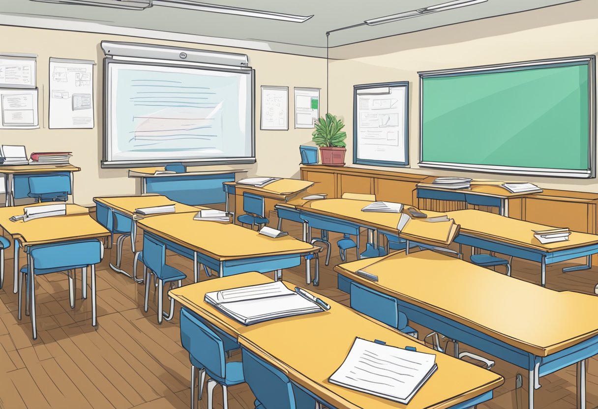 Creating Effective Essay Questions for Primary School Assessments: A Guide for Teachers essay question LearningMole A classroom with a whiteboard displaying clear learning goals and a stack of papers with effective essay questions for primary school assessments