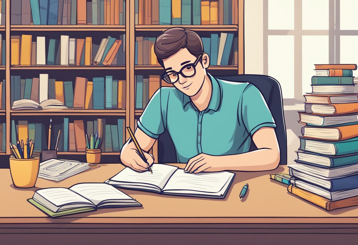 Creating Effective Essay Questions for Primary School Assessments: A Guide for Teachers essay question LearningMole A teacher at a desk, writing a clear and concise essay question on a piece of paper, surrounded by books and educational materials